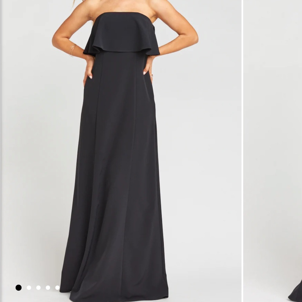 Show me your mumu monaco ruffle gown in black stretch crepe size m